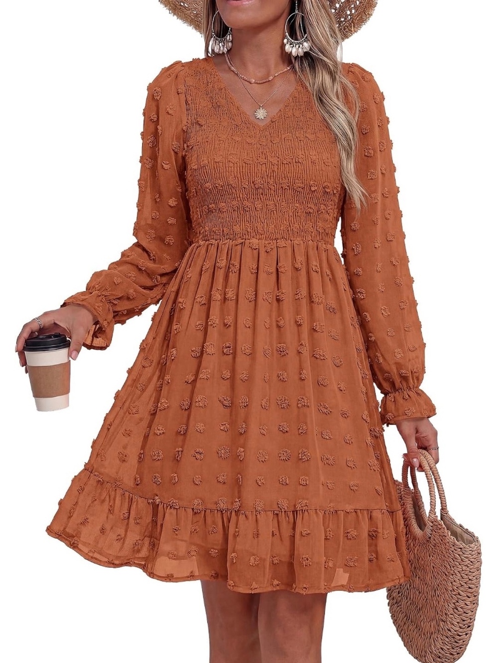NWT Women’s Plus BTFBM Long Sleeve Swiss Dot Dress XXL 2X Rust Orange Red Brown